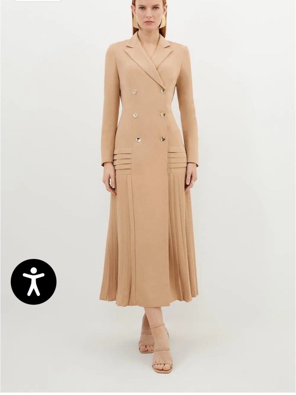 Karen Millen Pleated Button Detailed Woven Midi Dress Tan Camel US 6 NWT